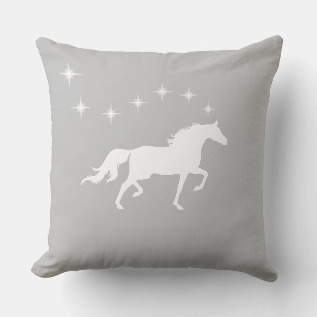 Elegantes weißes Pferd und Sterne auf silbergrau Kissen (Vorderseite)