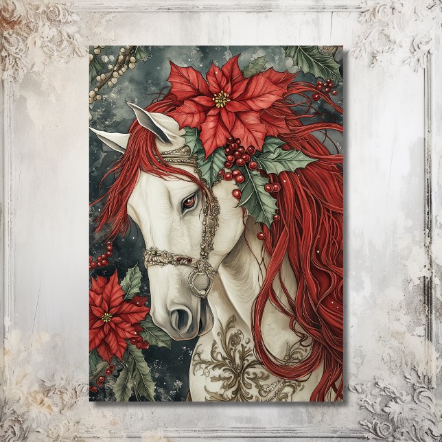 Elegantes Weißes Pferd Weihnachten (Front - Elegant White Horse Festive Christmas Holiday Card)