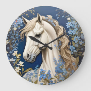 Elegantes weißes Pony und vergiss-Me-Nots Große Wanduhr
