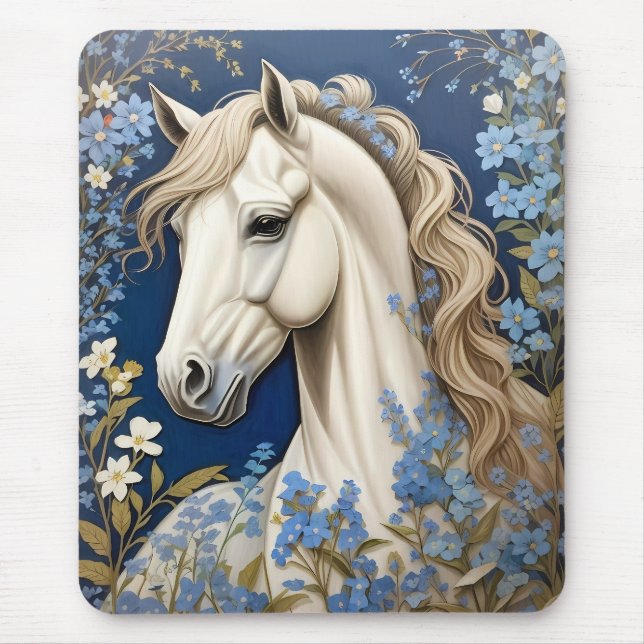 Elegantes weißes Pony und vergiss-Me-Nots Mousepad (Vorne)