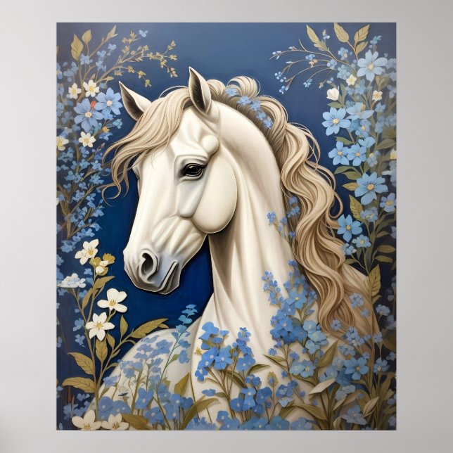 Elegantes weißes Pony und vergiss-Me-Nots Poster (Vorne)
