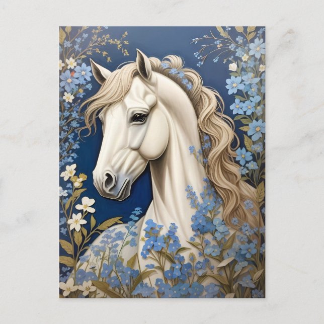 Elegantes weißes Pony und vergiss-Me-Nots Postkarte (Vorderseite)