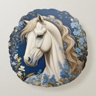 Elegantes weißes Pony und vergiss-Me-Nots Rundes Kissen