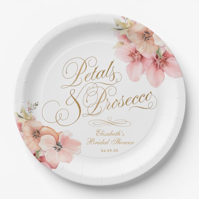 Elegantes weißes Rosa Gold Blumenblätter & Prosecc Pappteller (Vorderseite)