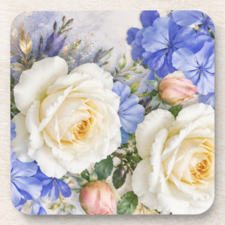 Elegantes weißes Rosen- und blaues Blumen-Mauspad Getränkeuntersetzer