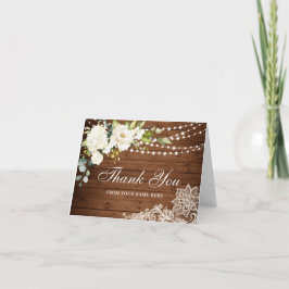 Elegantes weißes Rosen und rustikales Spitzenholz Dankeskarte