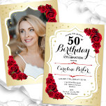 Elegantes Weißes Rotes Foto 50. Geburtstag Einladung<br><div class="desc">Elegante florale feminine 50. Geburtstagseinladung mit Ihrem Foto auf der Kartenrückseite. Glam-Design mit Imitat Gold. Enthält rote Rosen,  Skript-Schriftart und Konfetti. Ideal für ein stilvolles Party für Erwachsene. Personalisieren Sie Ihre persönlichen Daten. Kann für jedes Alter angepasst werden! Gedruckte Zazzle Einladungen oder Sofortdownload digitalen druckbaren Vorlage.</div>