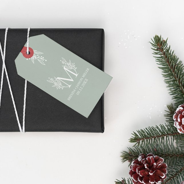 Elegantes weißes Salbei-grünes Monogramm, frisch v Geschenkanhänger (Von Creator hochgeladen)