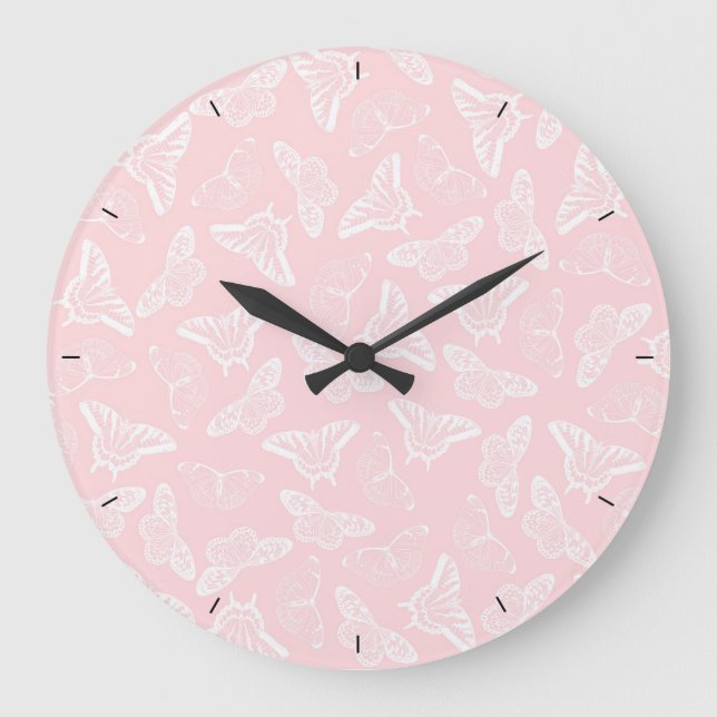 Elegantes weißes Schmetterlingsmuster Rosa Design Große Wanduhr (Vorderseite)