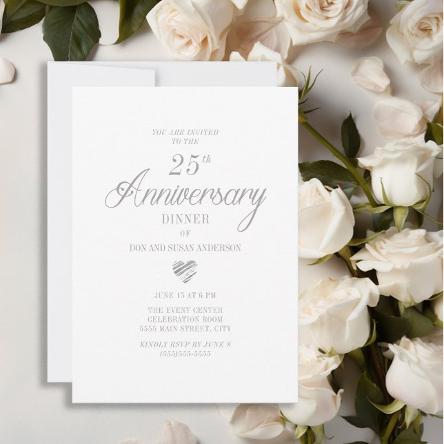 Elegantes weißes Silberherz 25 Jahre Einladung (Elegant white 25th wedding anniversary invitation)