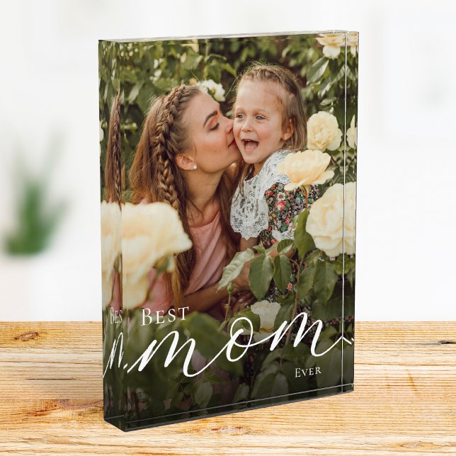 Elegantes weißes Skript Personalisierte Beste Mutt Fotoblock (Elegant White Script Personalized Best Mom Ever Photo Block)