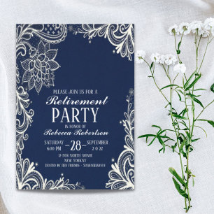 elegantes weißes Spitzen-blaues Retirement-Party Einladung