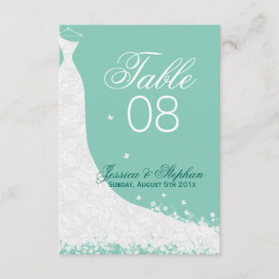 Elegantes weißes Spitzen-Hochzeitskleid-Tischnumme Einladung