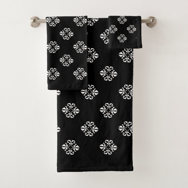 Elegantes weißes Spitzentmuster auf schwarz Badhandtuch Set (Insitu)