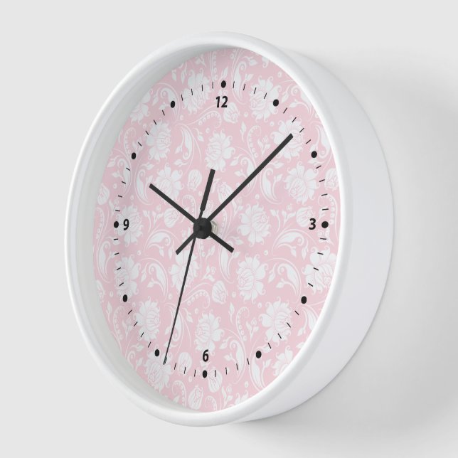 Elegantes, weißes und blassrosa Damastmuster Uhr (Winkel)