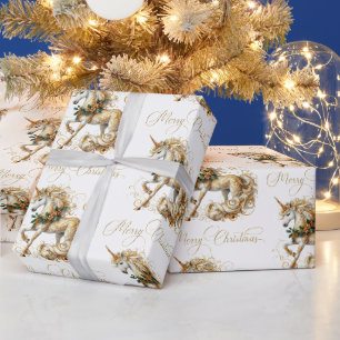 Elegantes weißes und goldenes Weihnachts-Einhorn Geschenkpapier