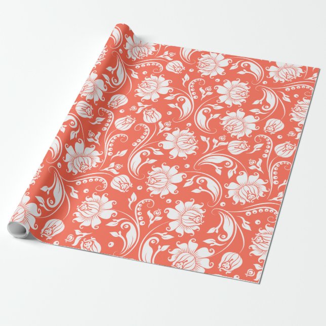 Elegantes, weißes und korallenrotes Damastmuster Geschenkpapier (Ungerollt)