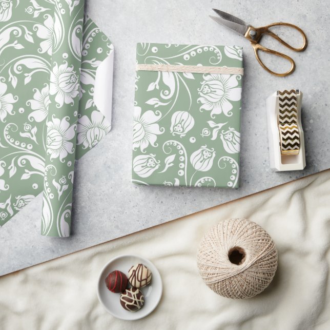 Elegantes weißes und schlängelgrünes Damastmuster Geschenkpapier (Basteln)
