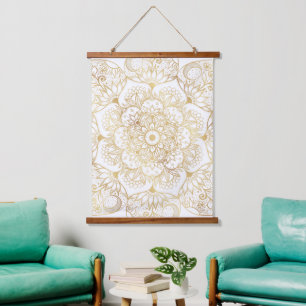 Elegantes Weißgold-Mandala-Blumenmuster  Wandteppich Mit Holzrahmen