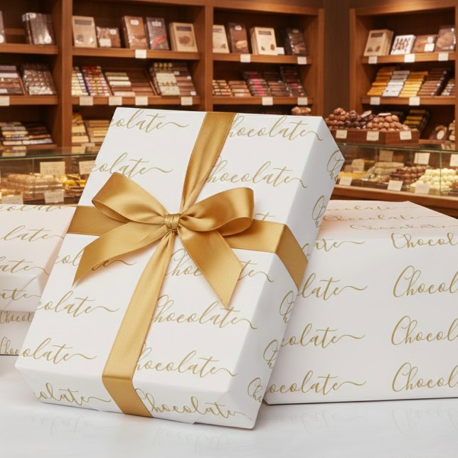 Elegantes Weißgold-Schrift-Schokoladen-Geschäft Geschenkpapier (Von Creator hochgeladen)