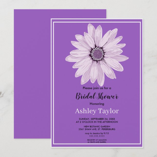 Elegantes Weißrosen Lila Brautparty Einladung (Vorne/Hinten)