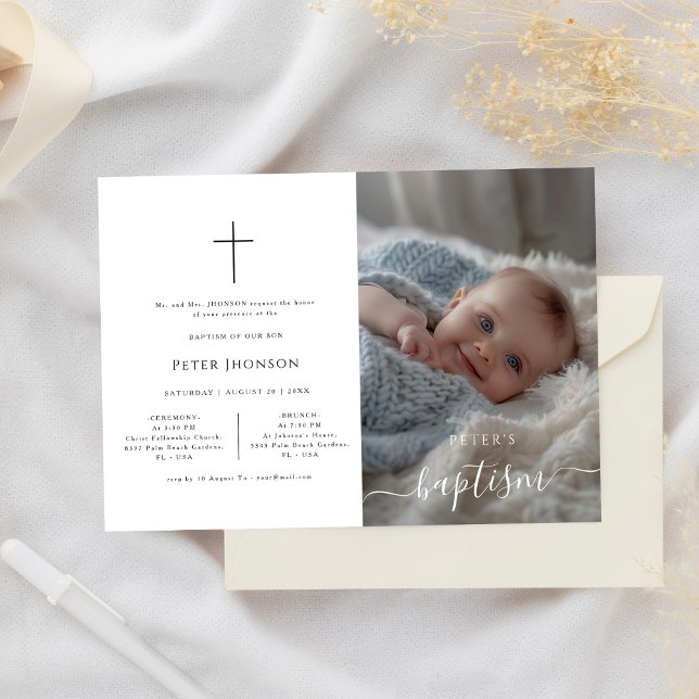 Elegantes Whimsy-Kalligrafie Formal Baptism-Foto Einladung (Von Creator hochgeladen)