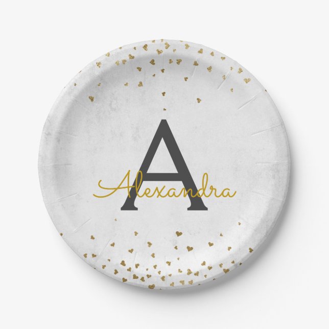 Elegantes White and Gold Foil Confetti Monogramm Pappteller (Vorderseite)