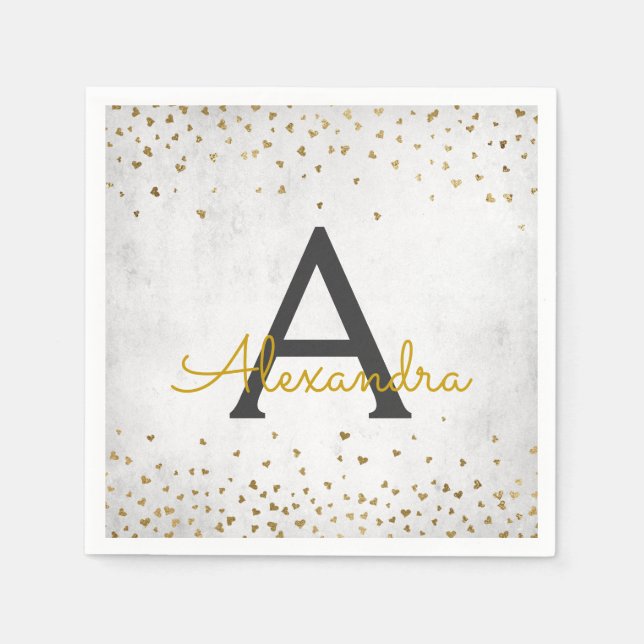Elegantes White and Gold Foil Confetti Monogramm Serviette (Vorderseite)