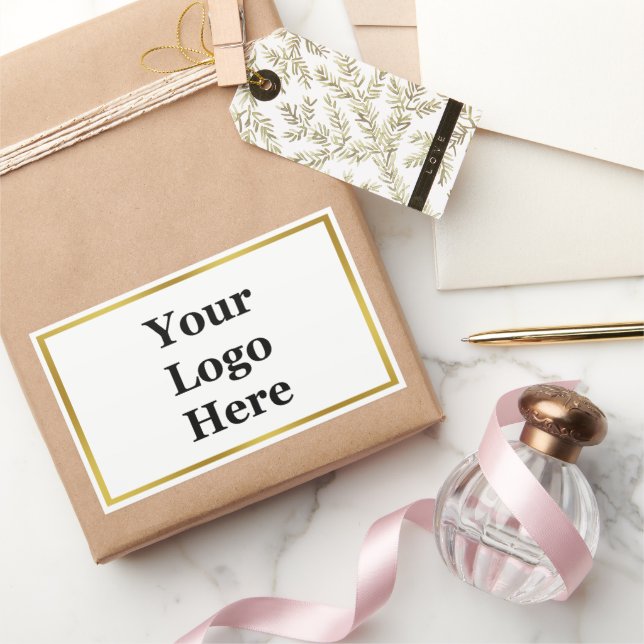 Elegantes White and Gold Logo hier Vorlage Rechteckiger Aufkleber (Schenken)