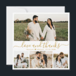 Elegantes White and Gold Script Foto Hochzeit Dankeskarte<br><div class="desc">Elegantes White and Gold "Liebe und danke" Script 4 Foto Collage Wedding Dankeschön Karte. Stilvoll, modern, minimalistisch Hochzeitskarte danke Ihnen die Vorlage mit vier (4) Foto auf der Vorderseite und ein (1) Foto auf der Rückseite. Mit dem Text "Liebe und Dank" in einer Wirblen Hand Schriftzeichen Swash-Schwanz Schriftart in Gold...</div>