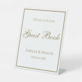 Elegantes White and Gold Wedding Gästebuchzeichen Sockelschild