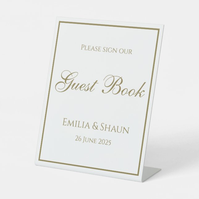 Elegantes White and Gold Wedding Gästebuchzeichen Sockelschild (Vorderseite)