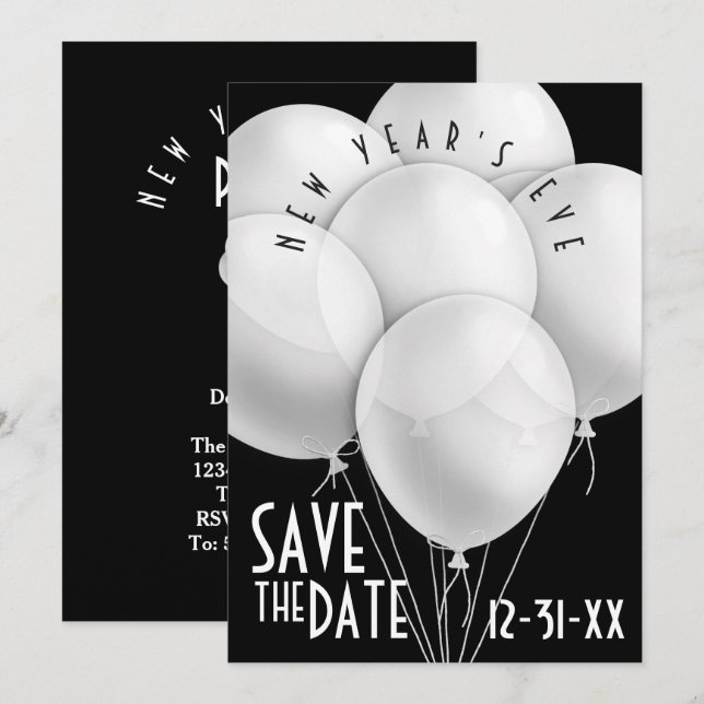 Elegantes White Balloons New Year Party Einladung (Vorne/Hinten)