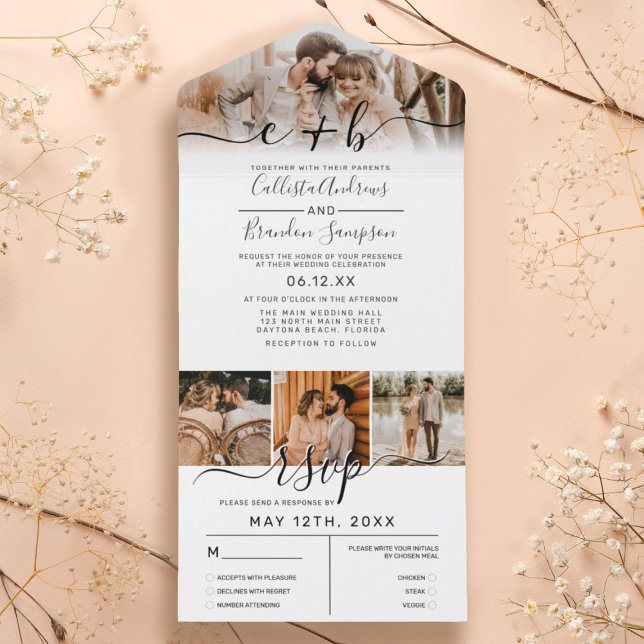 Elegantes White Black Foto Monogram Wedding RSVP All In One Einladung (Von Creator hochgeladen)