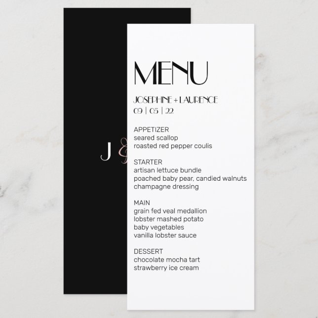 Elegantes White Black Monogram Wedding Menu Menükarte (Vorne/Hinten)