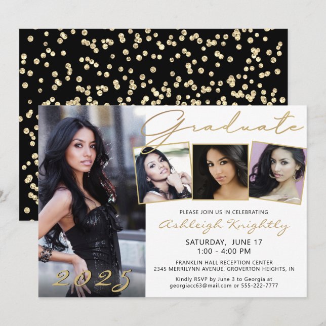Elegantes White Black Script 4 Foto Graduate Einladung (Vorne/Hinten)