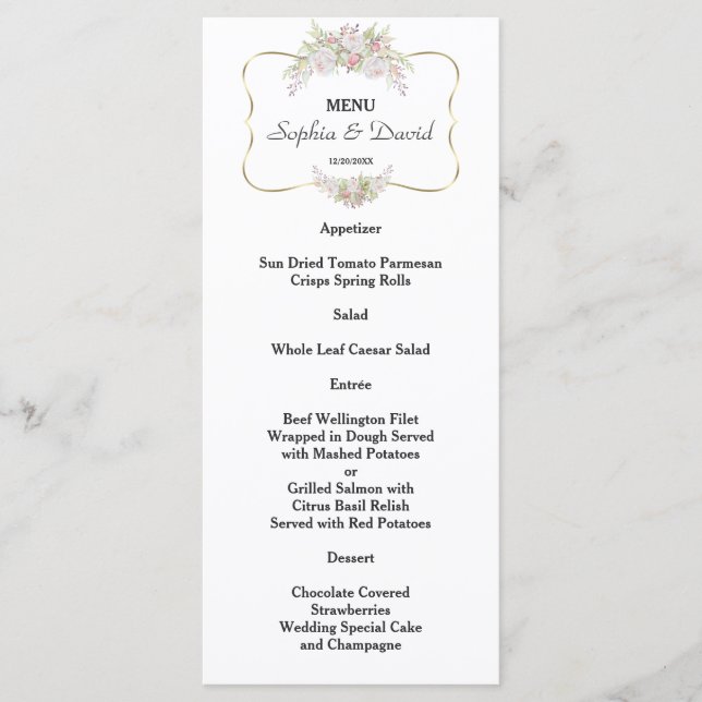 Elegantes White Blume Gold Frame Wedding Menü Menükarte (Vorderseite)