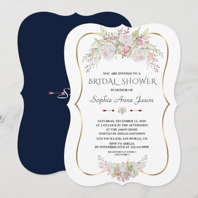 Elegantes White Blume Gold Navy Brautparty Einladung (Vorne/Hinten)