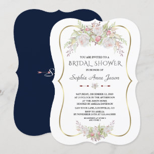 Elegantes White Blume Gold Navy Brautparty Einladung