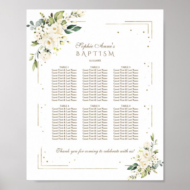 Elegantes White Blume Gold Taufen Seating Chart Poster (Vorne)
