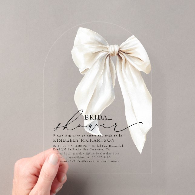 Elegantes White Bow Brautparty Chic Cream Acryleinladungen (Insitu (Handheld))
