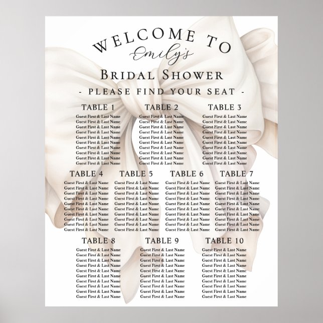 Elegantes White Bow Brautparty Seating Chart Poster (Vorne)