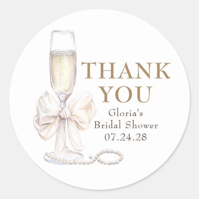 Elegantes White Bow Prosecco Brautparty Vielen Dan Runder Aufkleber (Vorderseite)