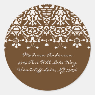 Elegantes White & Brown Damask-Etikett Runder Aufkleber