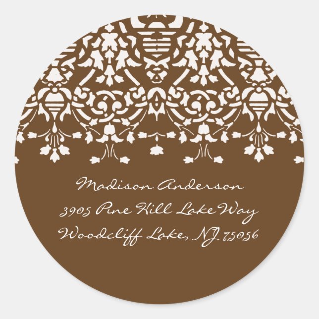 Elegantes White & Brown Damask-Etikett Runder Aufkleber (Vorderseite)