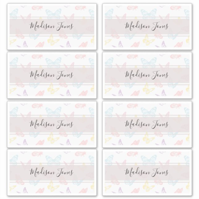 Elegantes White Butterfly Pattern Kinder Namenbuch Aufkleber (Vorderseite)