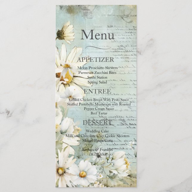 Elegantes White Daisy Wedding Menu Menükarte (Vorderseite)