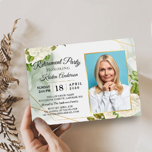 Elegantes White Floral Foto Retirement Party Einladung
