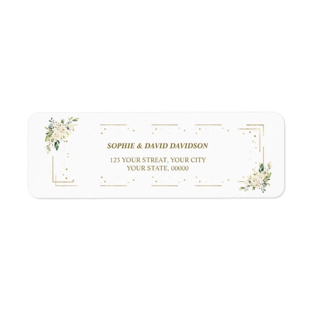 Elegantes White Floral Gold Rücksendelabel (Vorne)