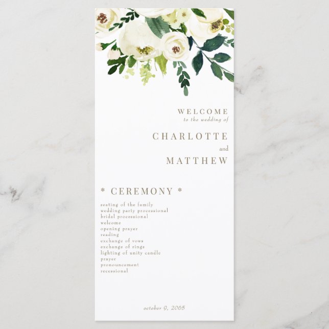 Elegantes White Floral Gold Text Hochzeitsprogramm Menükarte (Vorderseite)